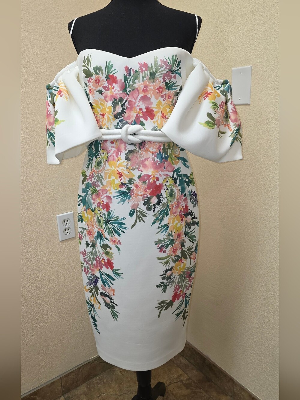 Off The Shoulder White Dress w/ Floral Print - Picture 2 of 13